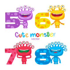 Happy School Theme. Cute Colorful Monsters And Kids Numbers Vector Set. Luck Cartoon Mascot Illustration. Numbers For Kids Vector.