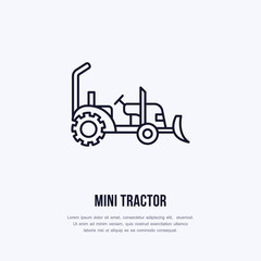 Mini tractor vector flat line icon. Transportation logo. Illustration of agriculture wheel, industrial equipment rent.