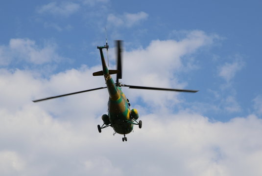 The MI-2 helicopter carries out demonstration flight