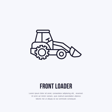 Front loader vector flat line icon. Transportation logo. Illustration of excavator, industrial equipment rent.