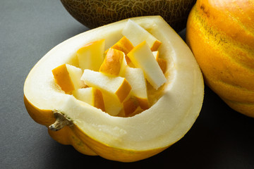 Organic fresh yellow melon slices on black background.