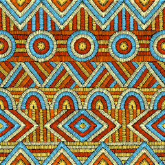 Fototapeta premium Embroidery - seamless ornament. Colored lines on a black background. Handmade. Ethnic and tribal motifs. Print in the bohemian style. Vector illustration.