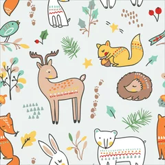 Papier peint Petit cerf Modèle sans couture animal mignon. Illustration vectorielle. avec renard, ours, lapin, hérisson, élan, cerf, écureuil et un petit oiseau dans une forêt.