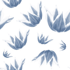 Fototapeta na wymiar Blue tulip flower on white background. Seamless watercolor pattern