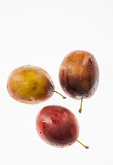 Fresh plums in drops of dew, isolated on white