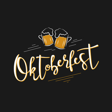 Vector illustration of Oktoberfest label. Oktoberfest celebration design on black background. Lettering typography. Hand sketched Oktoberfest icon. Beer festival decoration