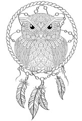 Dream catcher with owl. Tattoo or adult antistress coloring page. Black and white hand drawn doodle for coloring book