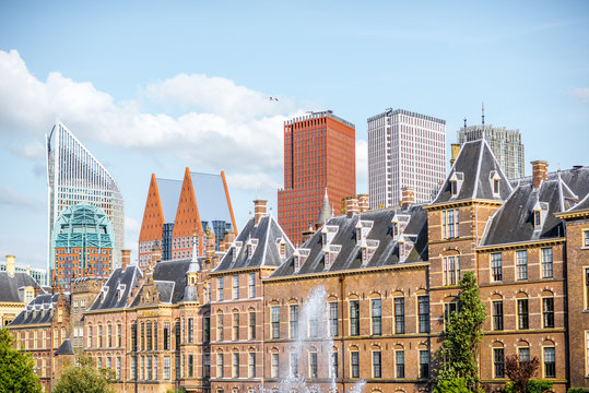 Beautiful skyline with modern skyscrapers and old building in Haag city, Netherlands