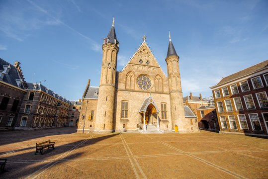 Sunset view on the inner court of Binnenhof with Hall of Knights in the centre of Haag city in Netherlands