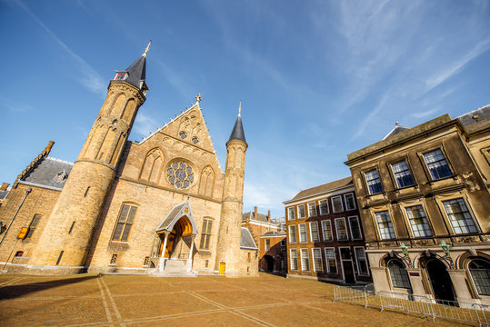 Sunset view on the inner court of Binnenhof with Hall of Knights in the centre of Haag city in Netherlands