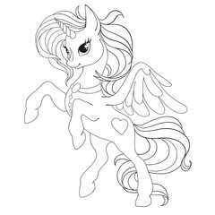 Coloring book page. The unicorn is fabulous. A horse with wings. Vector illustration isolated.