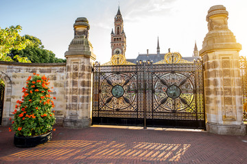 Sunset view on the gates and Peace palace the seat of international law in Haag city, Netherlands