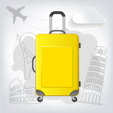 Travel bag with different travel elements vector, Colosseum, Pisa, Eiffel Tower