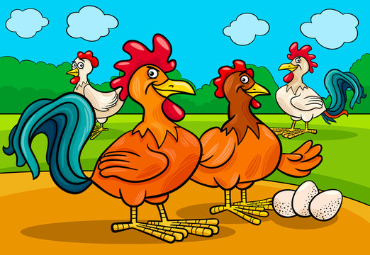 chicken characters group cartoon illustration