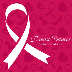 Shape of cancer ribbon on dark pink background with women s accessories. National Breast Cancer Awareness Month. Vector illustration