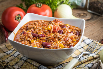 Chili con carne in a bowl.