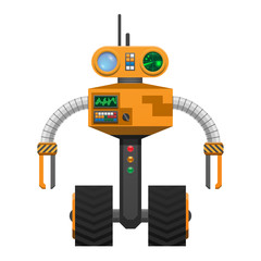 Yellow Metallic Robot with Wheels Instead of Legs