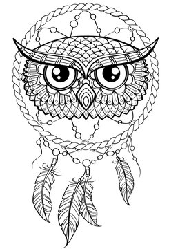 Dream catcher with owl. Tattoo or adult antistress coloring page. Black and white hand drawn doodle for coloring book