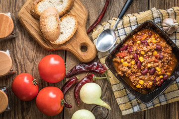 Chili con carne in a bowl.