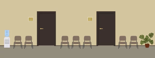 Fototapete Wartezimmer Wartehalle in beige Farbe. Gang. Auf dem Bild sind braune Stühle, ein Wasserkühler, eine große Blume neben der Tür zu sehen. Flache Vektorgrafik.