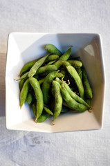 Edamame, A healthy steamed soy bean appetizer.