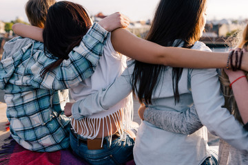 Good friendship. Happy pastime outside. Unrecognizable group of young people, creative leisure time