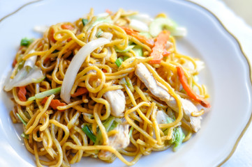 Lo Mein Noodle, Stir-fried Lo Mein noodles, carrot, onion, napa, and celery with brown sauce.