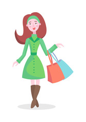 Fototapeta na wymiar Joyful Woman Shopping Flat Cartoon Vector Icon 