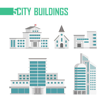 Five city buildings set of icons - vector illustration