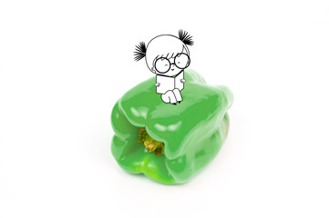 Fun cute kid sitting on green zucchini isolated on white background - Healthy food and nutrition for kids illustration