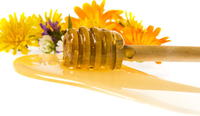 Honey dripping from flower honey dipper isolated on a white background