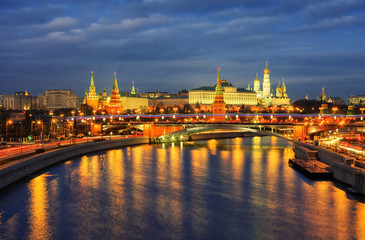 Fototapeta na wymiar Night view of Kremlin and Moscow river embankment, Moscow, Russia. Moscow Kremlin is a UNESCO World Heritage Site.