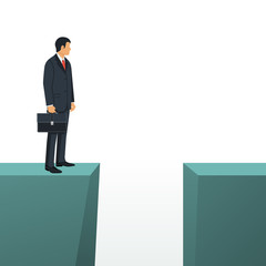 Gap on way to success. Business standing in front of abyss. Business challenge concept. Vector illustration flat design. Isolated on white background. Problem solving. Overcoming obstacles.