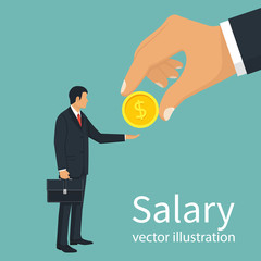 Salary time. Boss holding coin in hand gives worker. Human hand reaching out for money. Employer and staff. Vector illustration flat design. Isolated on background. Pull a hand. People are in line.