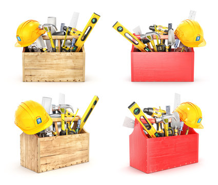 Set of wooden boxes full of tools. 3d illustration