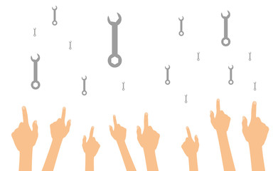 Hände zeigen auf Schraubenschlüssel