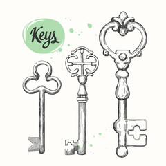 Vector set of hand-drawn antique keys. Illustration in sketch style on white background. Old design