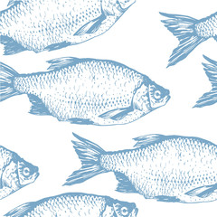 Vector illustration with sketches of rudd fish. Hand-drawn seamless background blue color. Seafood pattern.