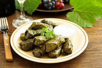 dolma stuffed with meat and rice leaves of grapes.