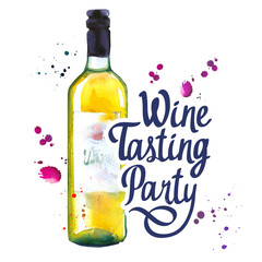 Watercolor illustration with bottle in sketch style for drink list. Poster with illustration beverages. Wine festival. Brush calligraphy elements for your design. Handwritten ink lettering.