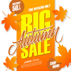 Autumn Big Sale banner for seasonal shopping. This weekend special offer background with hand lettering and autumn leaves. Discount up to 50% off. Vector illustration.