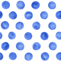 Vector hand painted blue circles seamless pattern on the white background. Polka dot design.