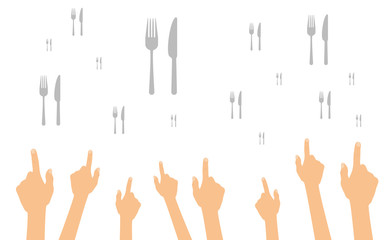 Hände zeigen auf Messer und Gabeln