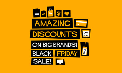 Amazing Discounts on Big Brands! Black Friday Sale!  (Flat Style Vector Illustration Poster Design) With Text Box and Location, Timings, and Payment Detail Template