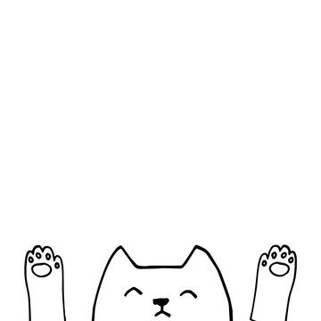 Cute vector cat face with paws, hand drawn outlines illustration