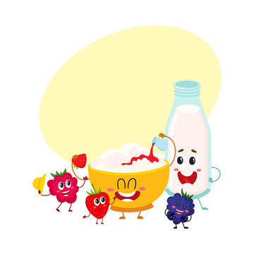 Funny bowl of cottage cheese, milk bottle and berry characters, healthy breakfast, cartoon vector illustration with space for text. Cute cottage cheese bowl, milk bottle and berry characters
