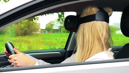 Young attractive blond woman sits in the car and uses virtual reality glasses - car stands on the verge of road in countryside  - Powered by Adobe