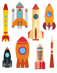 Set of vector space rocket ship. Eight rocket isolated on white background. Vector illustration.
