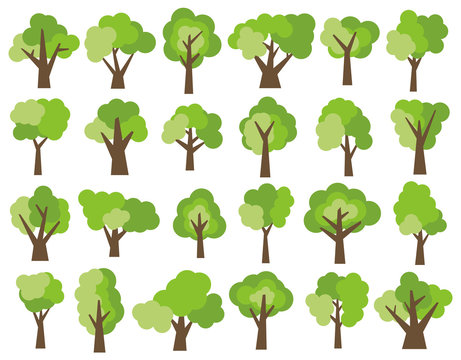 Set of twenty four different cartoon green trees isolated on white background. Vector illustration
