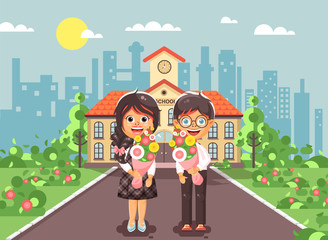 Obraz na płótnie Canvas Vector illustration characters children schoolgirl and schoolboy, classmates, pupils students stand with bouquets flowers in front of building knowledge day start study back to school flat style